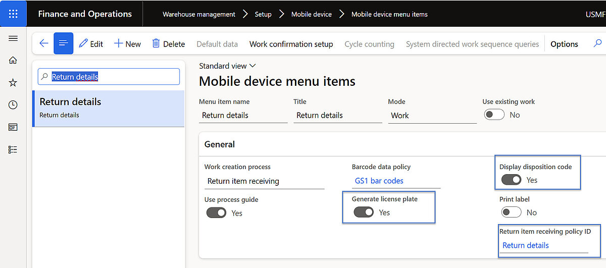 Return details menu item on mobile device in Dynamics 365 Finance and Operations for detailed return item registration