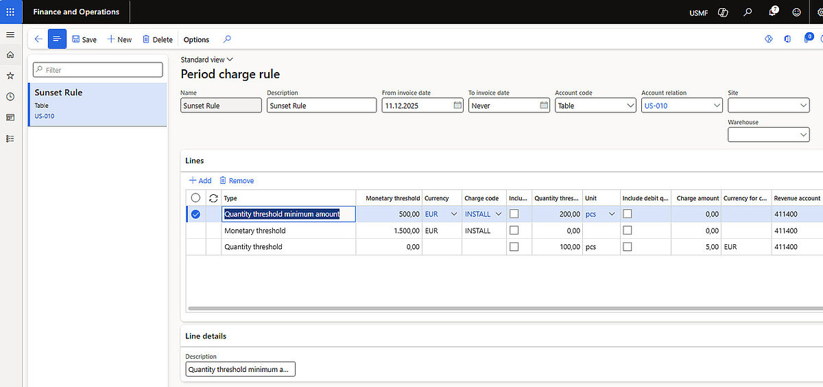 Detailed view of “Sunset Rule” with quantity and value thresholds.