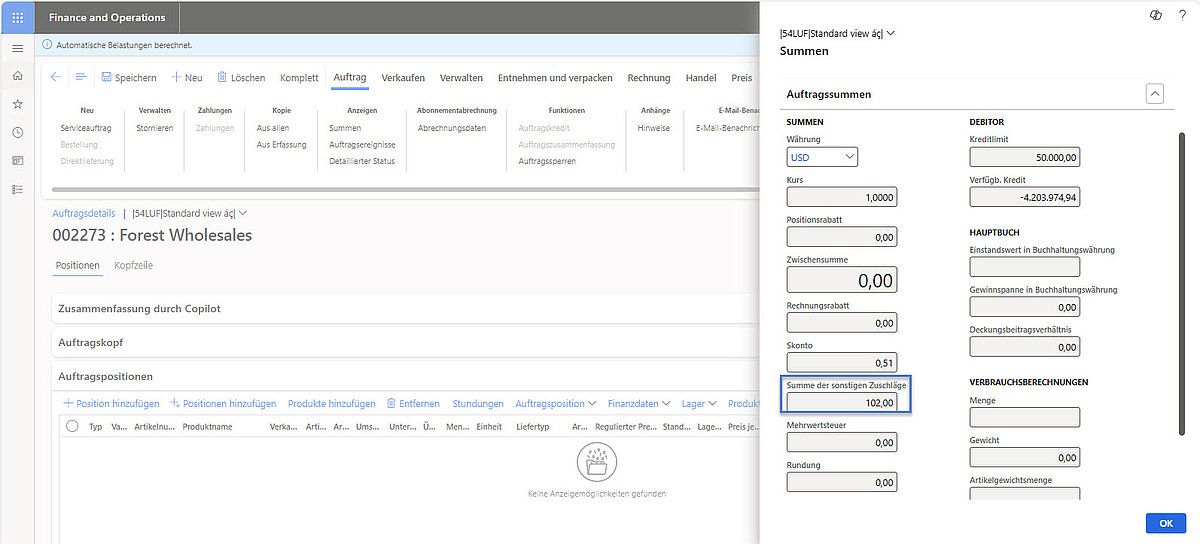 Übersicht der Zuschläge im Auftrag mit Sequenz, Kategorie, Betrag und Prozentwerten.