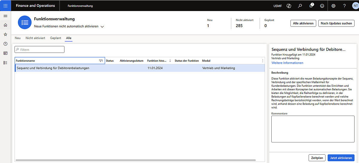 Ansicht der Funktionsverwaltung mit aktivierbarer Funktion „Sequenz und Verbindung für Debitorenbelastungen“