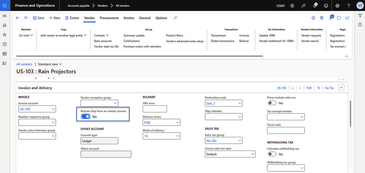 Vendor account setup showing the “Require ship from on vendor invoice” option, enabling Ship From addresses for supplier invoices.