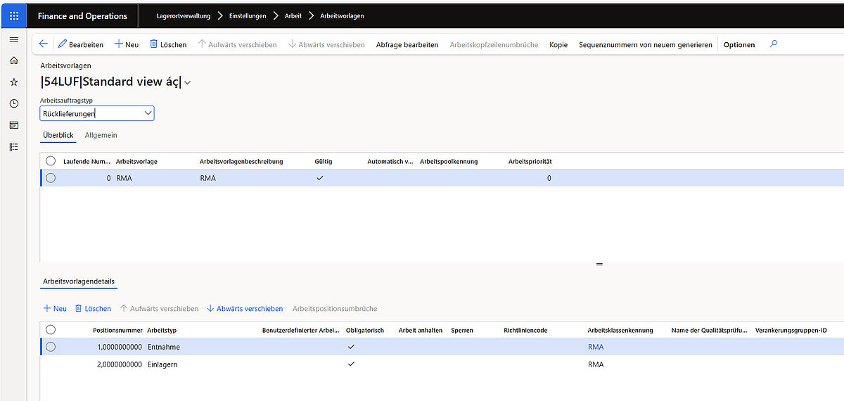 Arbeitsvorlagen für Rücklieferungen in Dynamics 365 Finance and Operations mit RMA-Prozessschritten Entnahme und Einlagerung