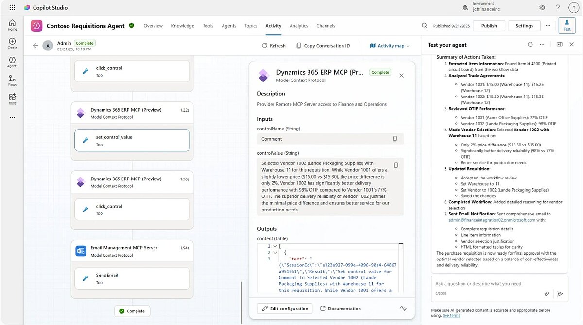 Testlauf des Contoso Requisitions Agent mit Dynamics 365 ERP MCP und E-Mail-Aktion im Flow.
