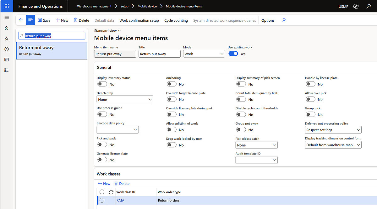 Return put away mobile menu item in Dynamics 365 Finance and Operations for storing returned items using RMA work classes
