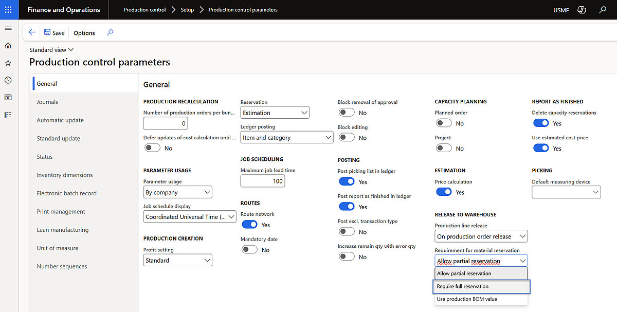 Production control parameters in Dynamics 365 Finance and Operations for recalculation, reservation rules and production posting