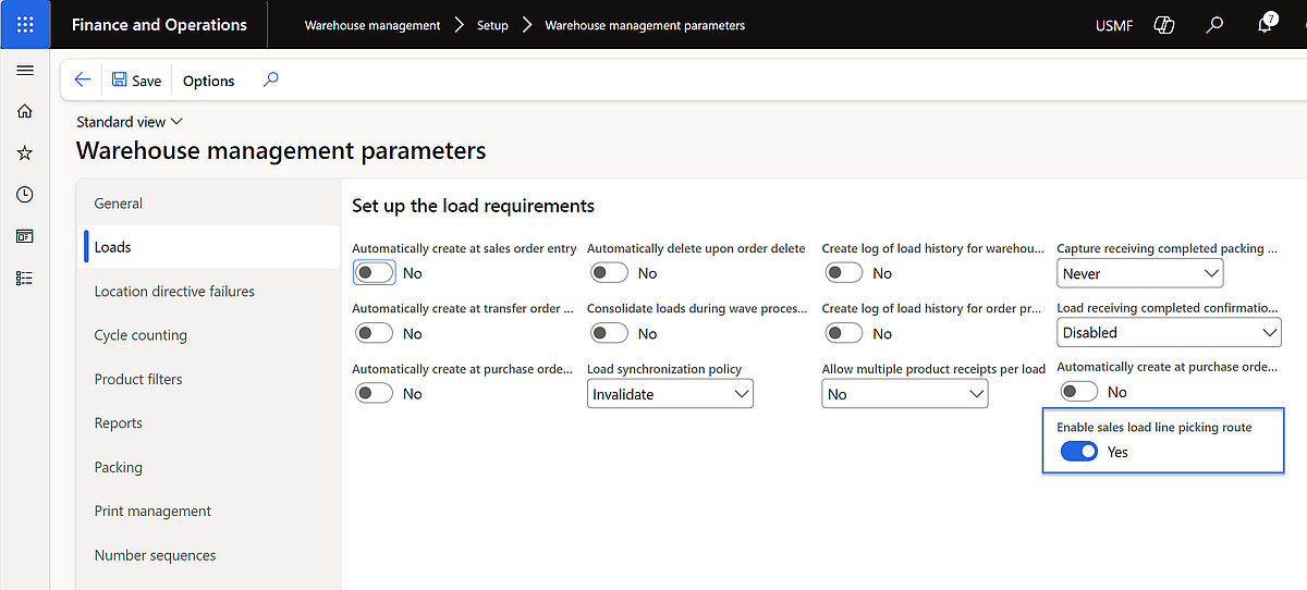 Load requirement settings in Dynamics 365 Finance and Operations with enabled pick route for sales loads