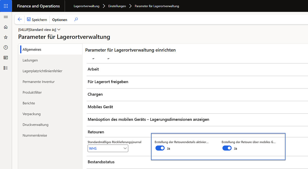 Dynamics 365 Finance and Operations zeigt Parameter für Lagerortverwaltung mit aktivierter Retourenerstellung und mobiler Rückgabe
