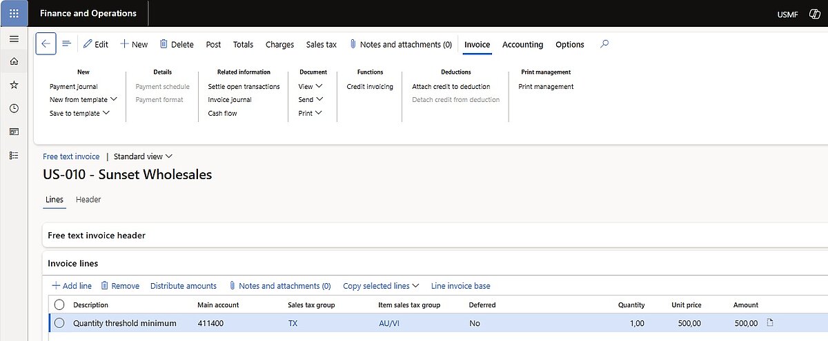 Free text invoice with “Quantity threshold minimum” line of 500 EUR.