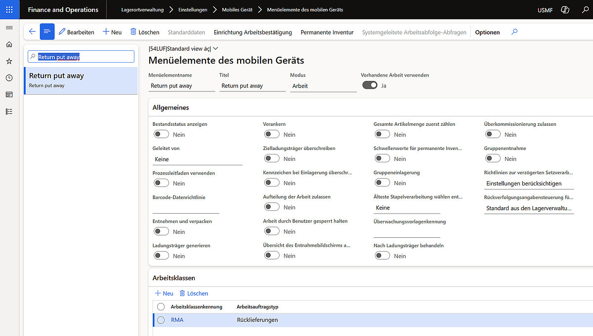 Mobiles Menüelement Return put away in Dynamics 365 Finance and Operations zur Einlagerung von Retouren mit RMA-Arbeitsklassen