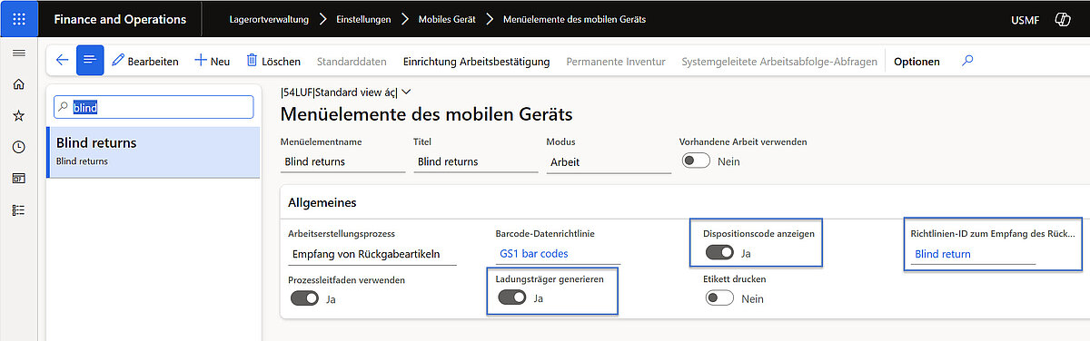 Menüelement Blind Returns im mobilen Gerät von Dynamics 365 Finance and Operations mit Dispositionscode und Rückgaberichtlinie