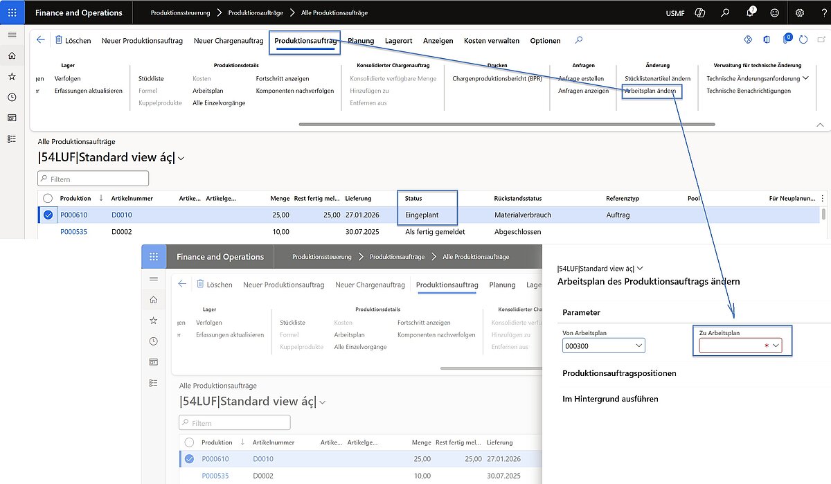 Anpassen des Arbeitsplans im Produktionsauftrag in Dynamics 365 Finance and Operations bei kurzfristigen Änderungen in der Produktionsplanung