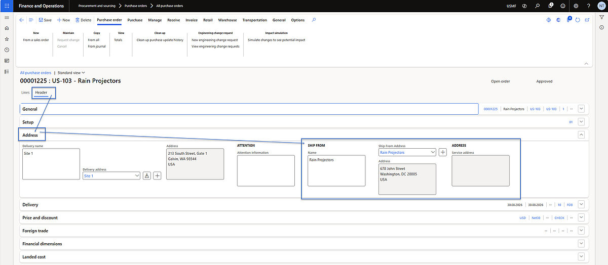 Purchase order header displaying Ship From address details, allowing supplier shipping locations to be captured on procurement transactions.