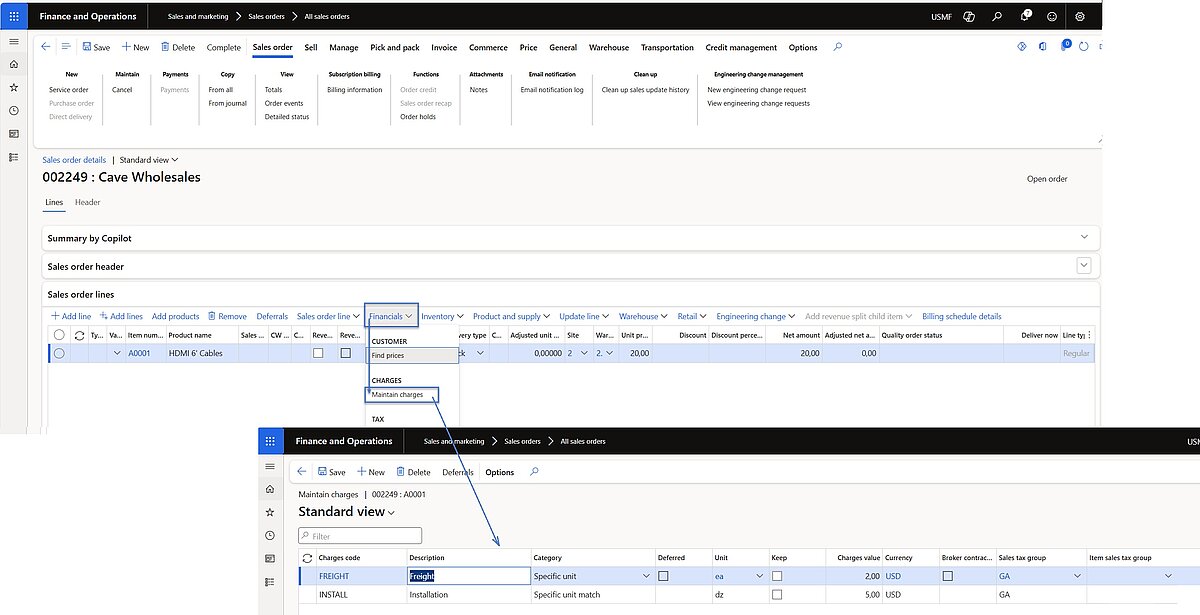 Sales order screen displaying Maintain charges option and configured line charges including freight and installation with units and values applied.