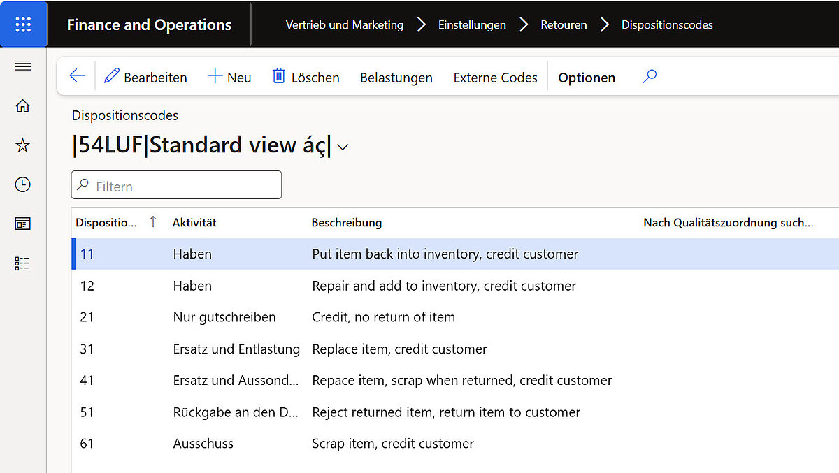 Retouren-Dispositionscodes in Dynamics 365 Finance and Operations mit Aktivitäten wie Gutschrift, Ersatzlieferung und Ausschuss