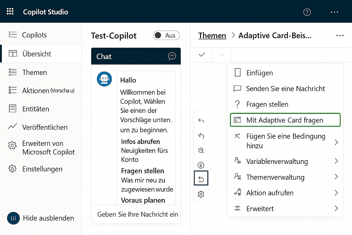 Copilot Studio Übersicht mit Themen, Aktionen und Chatbereich zur Konfiguration eines Test-Copilots für Microsoft Dynamics 365