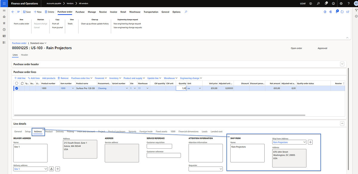 Purchase order line details showing Ship From address information linked to individual order positions for improved traceability.