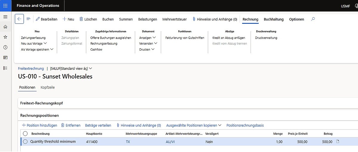 Freitextrechnung mit Position „Quantity threshold minimum“ und 500 EUR.
