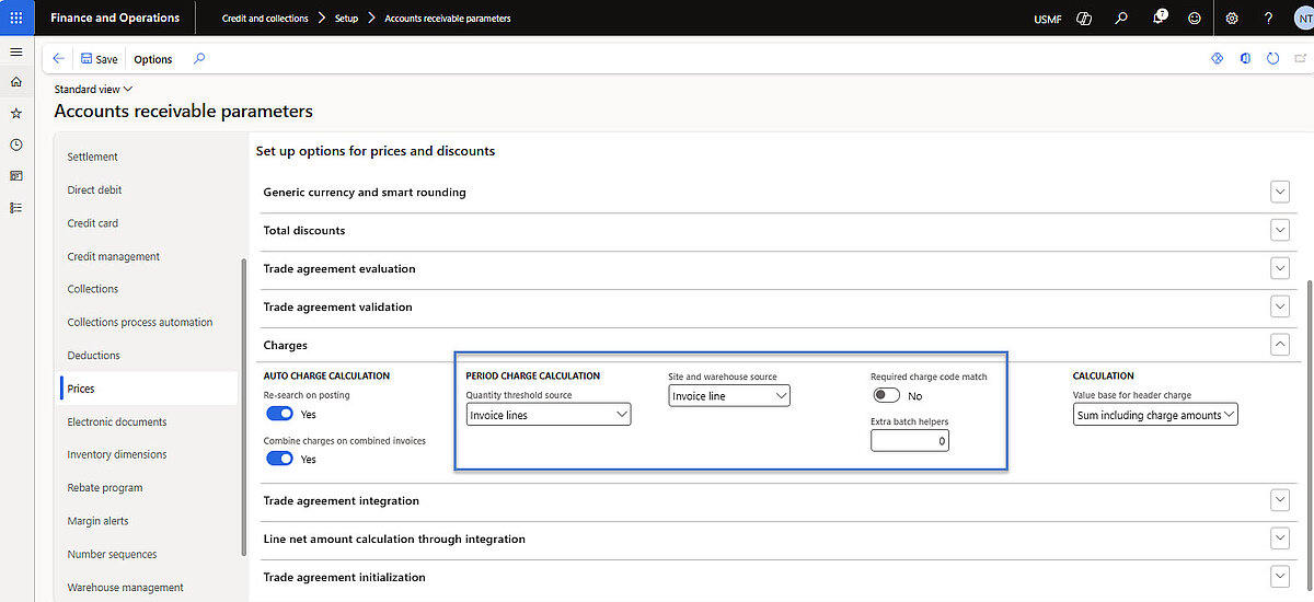 Customer account parameters with settings for periodic charge calculation.