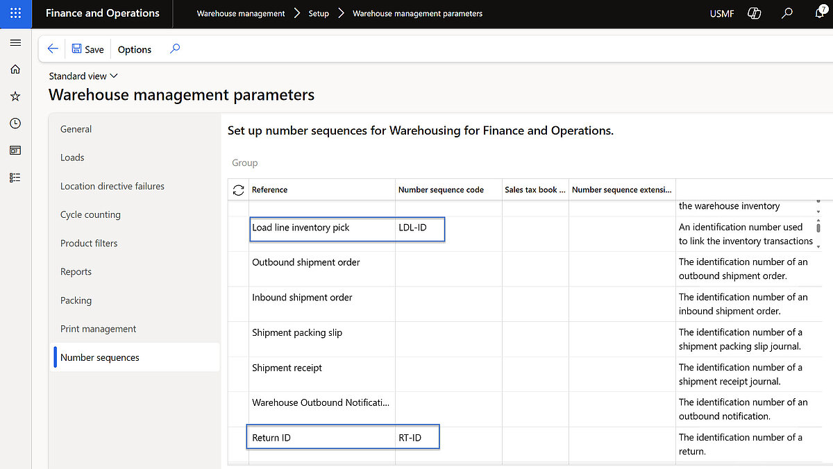 Number sequences in Dynamics 365 Finance and Operations for warehouse processes including return ID RT-ID and put away picking