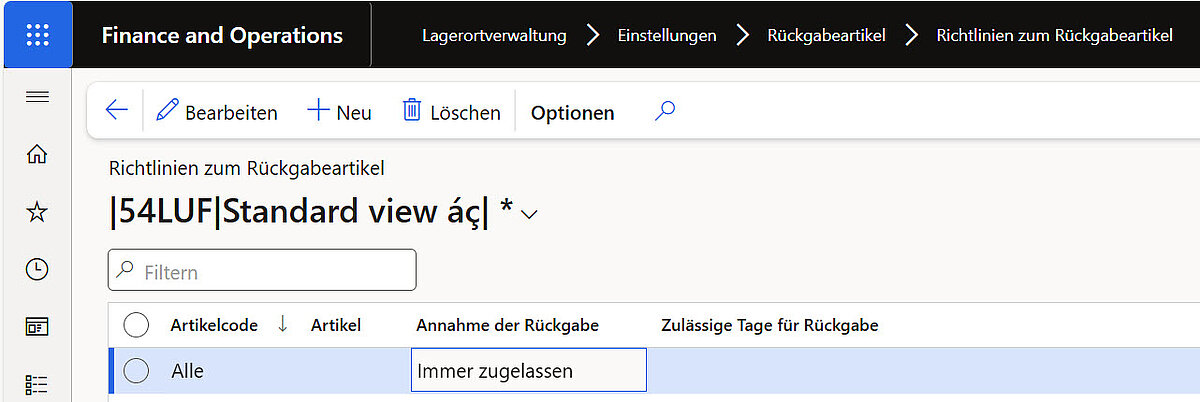 Richtlinien für Rückgabeartikel in Dynamics 365 Finance and Operations mit immer zugelassener Rücknahme für alle Artikel