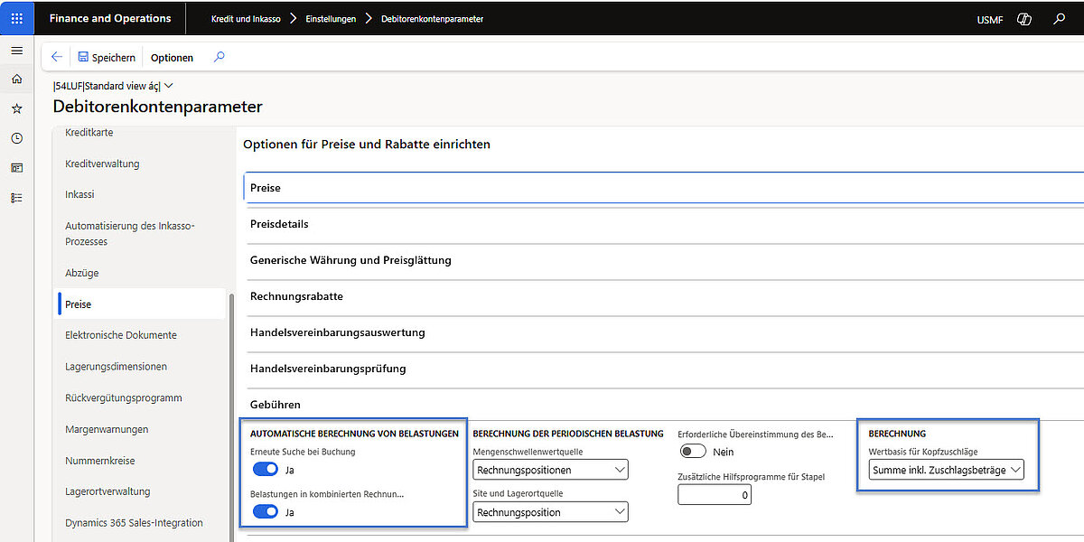Einstellungen für Preise und Rabatte mit Optionen zur automatischen Berechnung von Belastungen und Wertbasis.