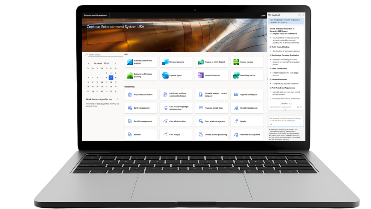 Microsoft Dynamics 365 Finance & Operations Copilot dashboard showing AI-powered ERP assistance, process insights, summaries, and workflow support.