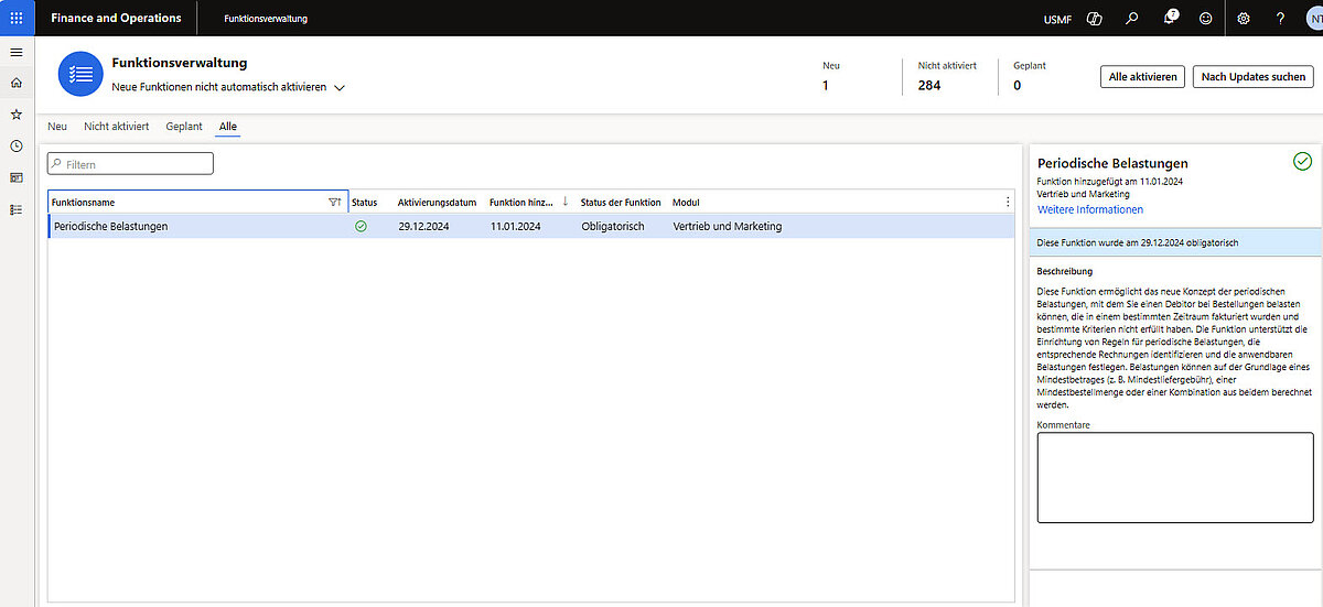 Funktionsverwaltung in Dynamics 365 mit aktivierter Funktion „Periodische Belastungen“.