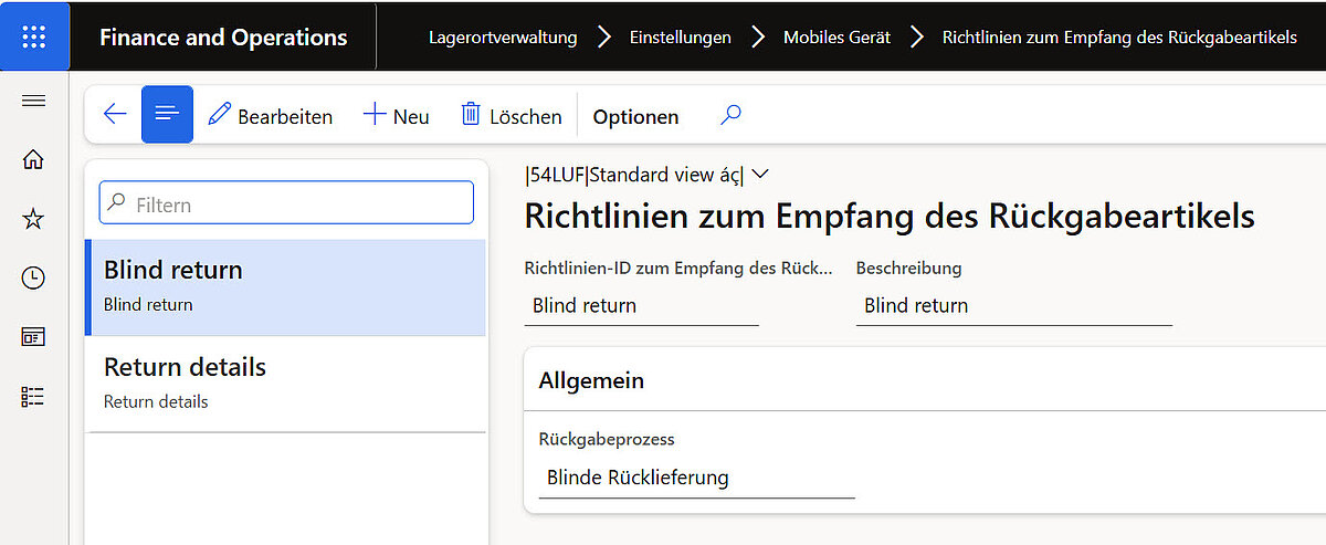 Mobile Richtlinien zum Empfang von Rückgabeartikeln in Dynamics 365 Finance and Operations mit Blind Return Konfiguration