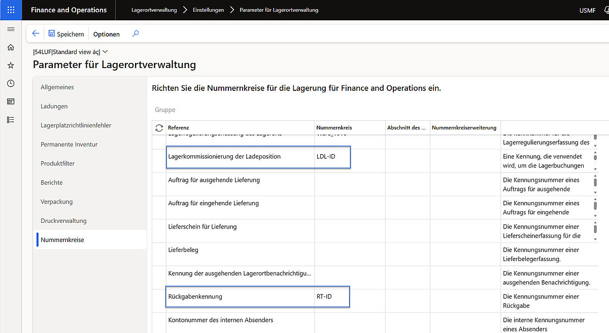 Nummernkreise in Dynamics 365 Finance and Operations für Lagerprozesse mit Rückgabenkennung RT-ID und Lagerkommissionierung