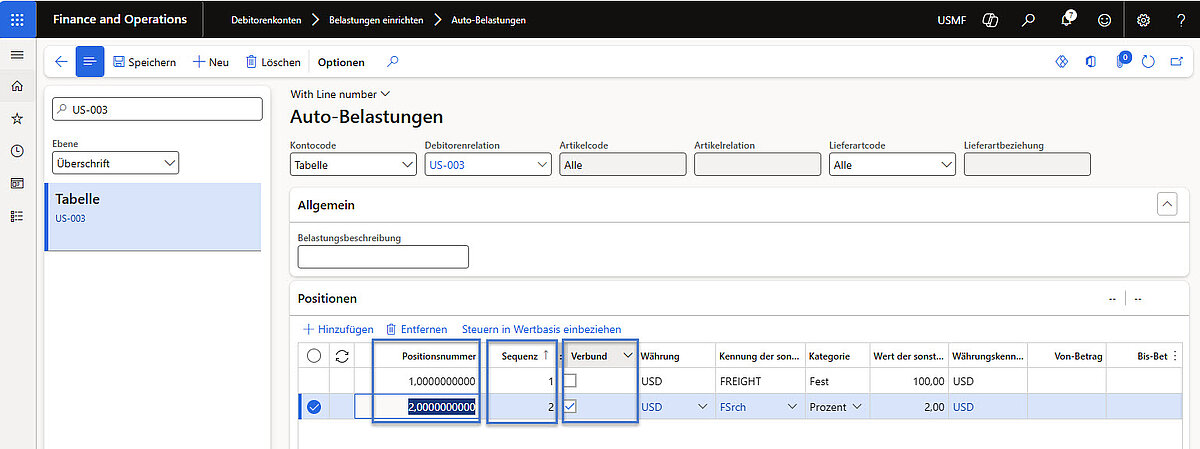 Maske zur Definition von Auto-Belastungen mit Sequenz, Verbund und Zuschlagsarten pro Position.