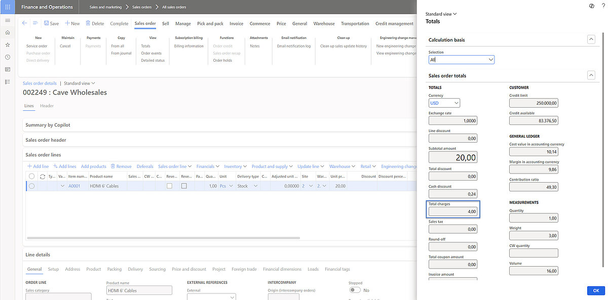 Sales order totals pane highlighting calculated total charges amount with sales totals, measurements, and financial summary information displayed.