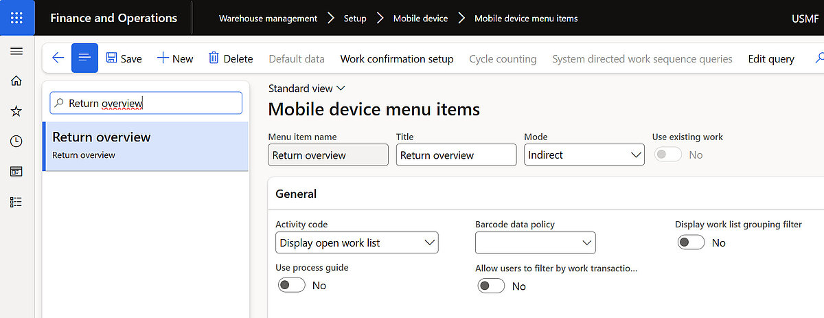 Return overview mobile menu item in Dynamics 365 Finance and Operations displaying open RMA work lists in the warehouse