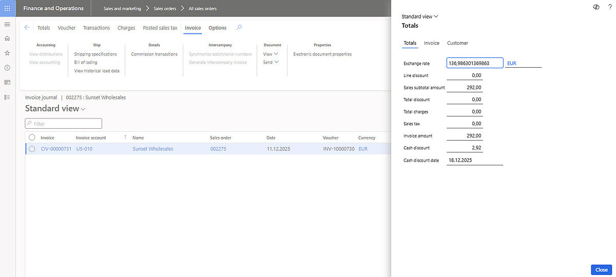 Invoice overview with totals view and calculated invoice amount.