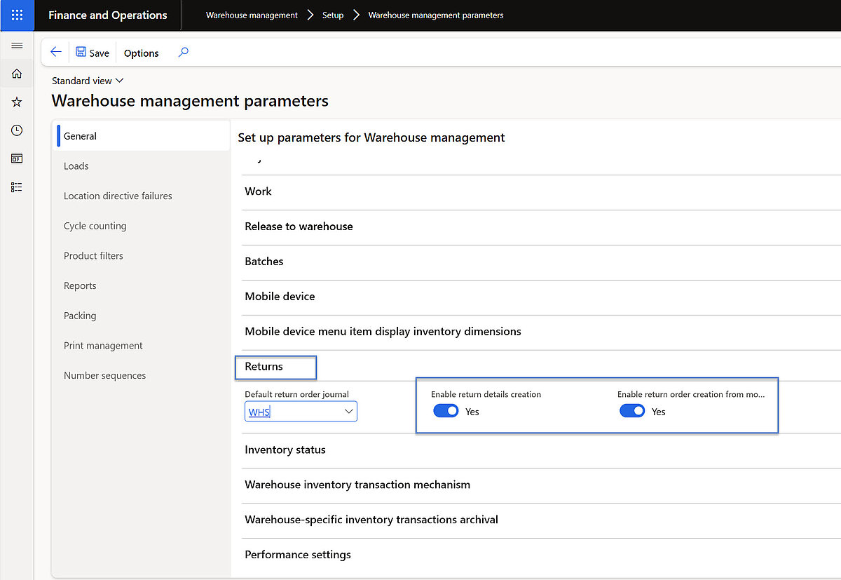 Dynamics 365 Finance and Operations warehouse management parameters showing enabled return creation and mobile return processing