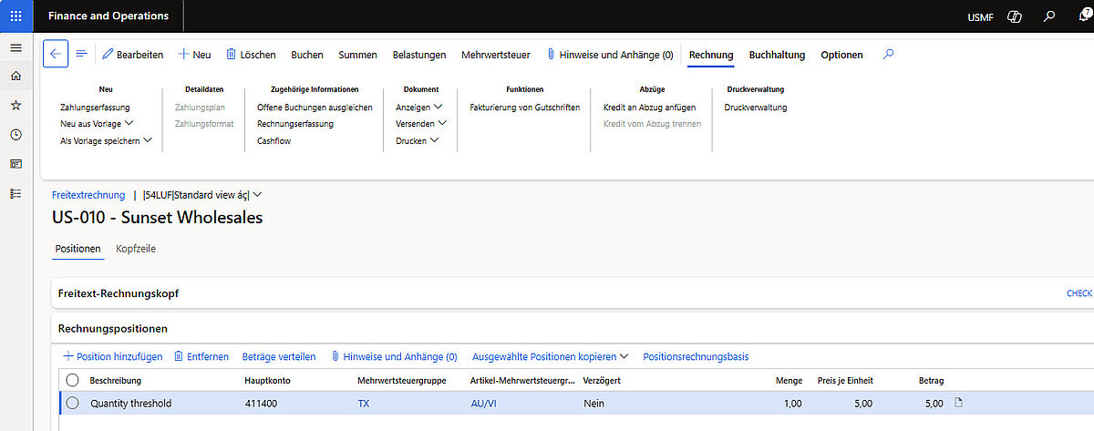 Freitextrechnung mit Position „Quantity threshold“ und Betrag 5 EUR.