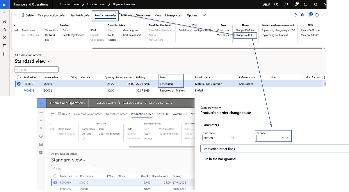 Updating the production route in a Dynamics 365 Finance and Operations production order to handle short-term scheduling changes