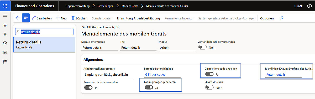 Menüelement Return Details im mobilen Gerät von Dynamics 365 Finance and Operations zur detaillierten Rückgabeerfassung