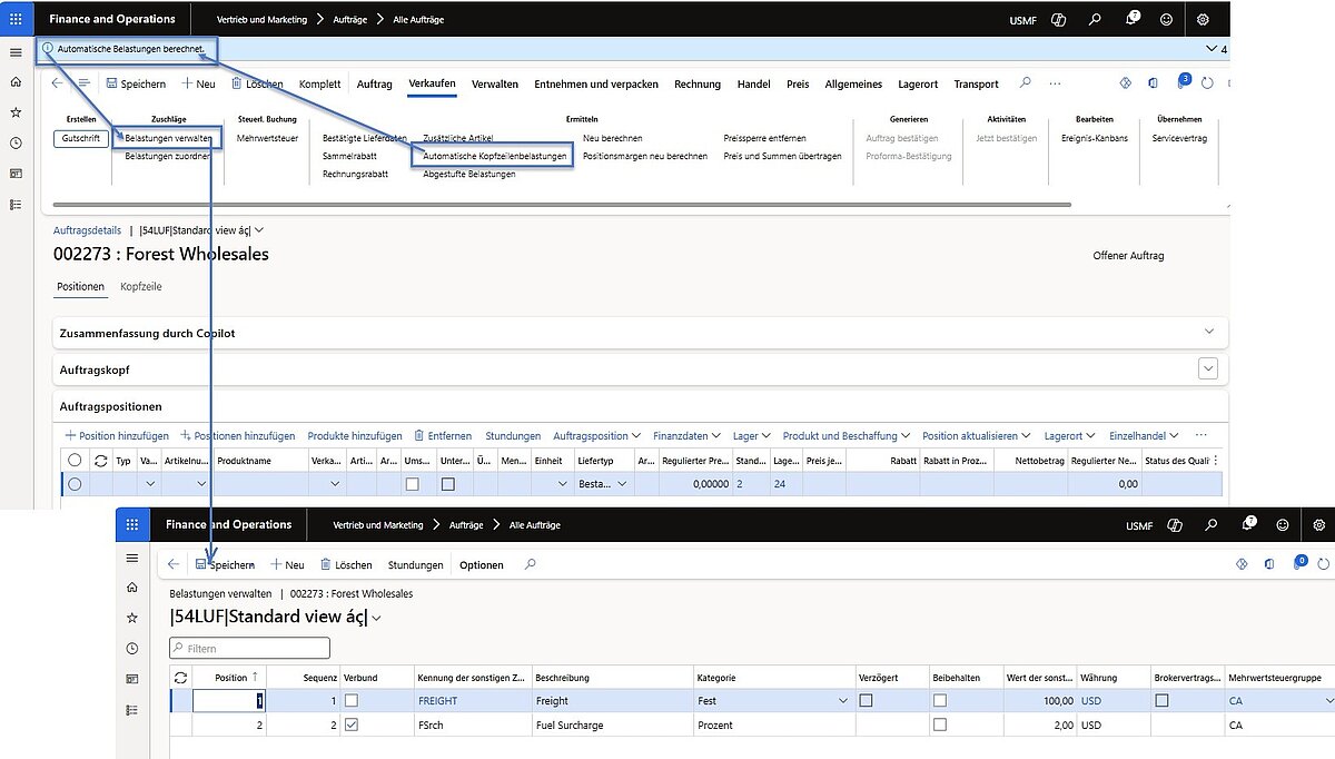 Verkaufsauftrag mit Menü für automatische Kopfzeilenbelastungen und Verwaltung von Zuschlägen.