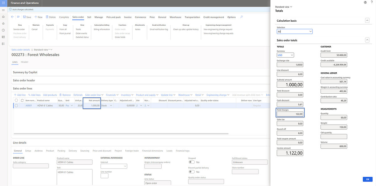 Sales order totals showing 102 USD charges based on fixed and percentage auto charges.