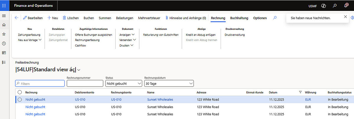 Liste offener Freitextrechnungen für Debitor US-010.