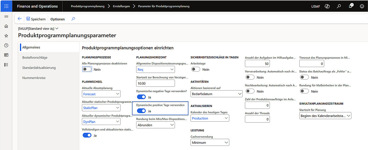 Produktprogrammplanungsparameter in Dynamics 365 Finance and Operations mit dynamischen positiven und negativen Tagen für flexible Planung