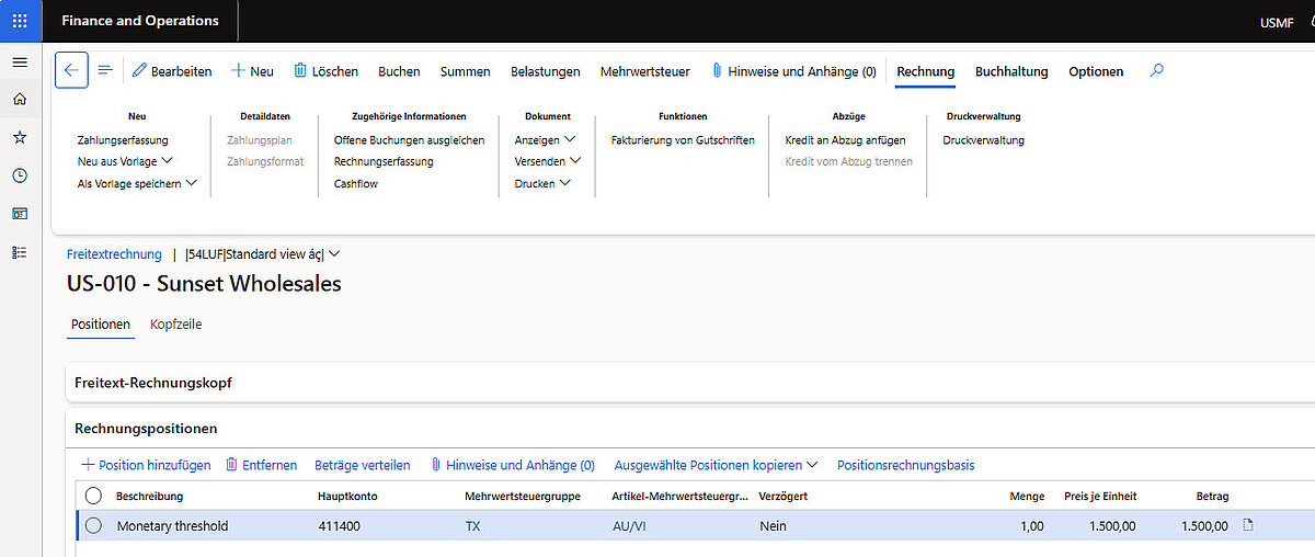 Freitextrechnung mit Position „Monetary threshold“ und Betrag 1.500 EUR.