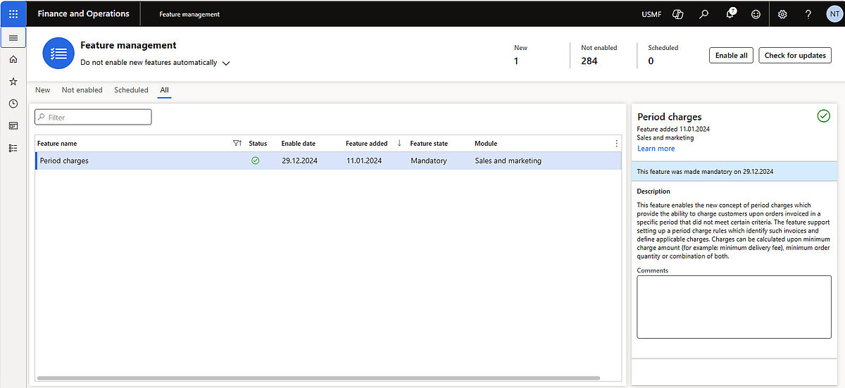 Feature management in Dynamics 365 with “Periodic charges” feature enabled.
