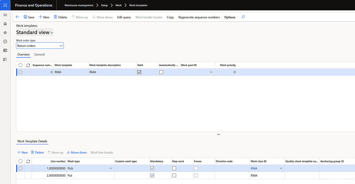 Work templates for return orders in Dynamics 365 Finance and Operations defining RMA steps for picking and put away