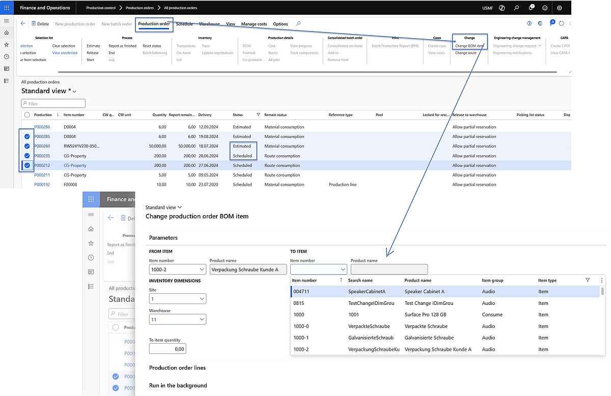 Changing a BOM item in a production order in Dynamics 365 Finance and Operations to react flexibly to material changes