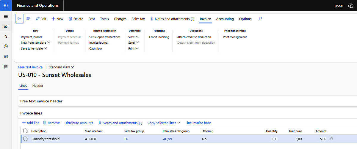 Free text invoice with “Quantity threshold” line of 5 EUR.