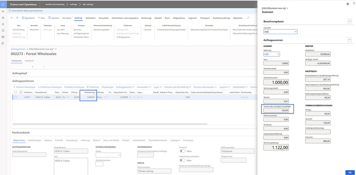 Auftragssummen zeigen Zuschläge von 102 USD basierend auf fixem Betrag und prozentualem Aufschlag.