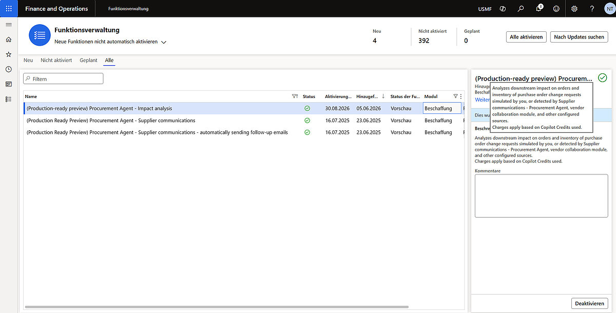 Aktivierung der Procurement-Agent-Funktionen in Dynamics 365 Supply Chain Management zur Nutzung von Supplier Communications und Impact Analysis.