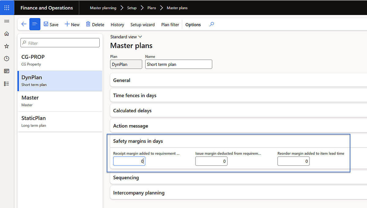 Dynamic master plan in Dynamics 365 Finance and Operations for short-term production adjustments using safety margins