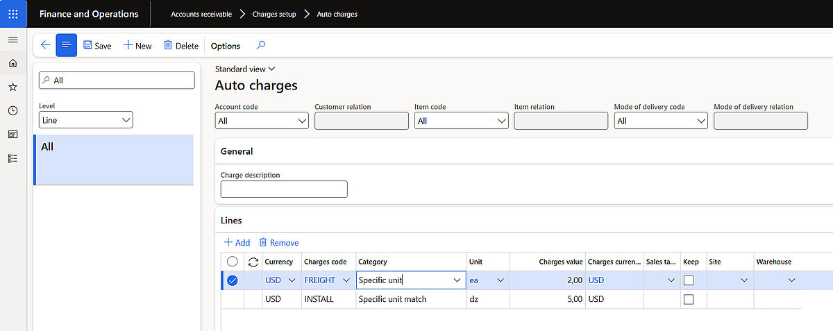 Auto charges form showing configured freight and installation charges with category, unit, currency, and charge values for sales orders.